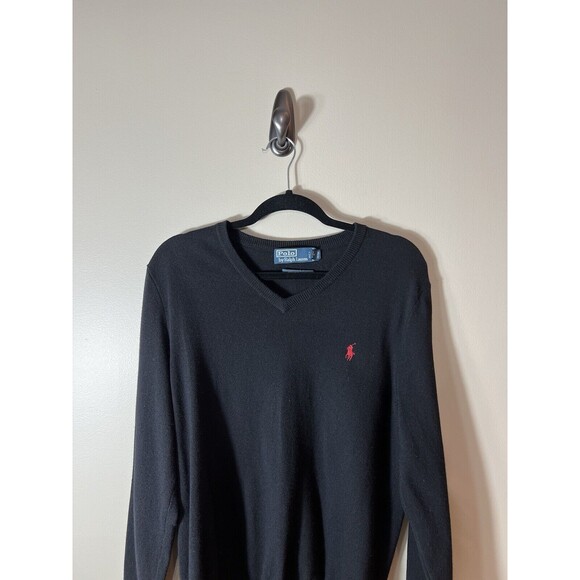 Polo Ralph Lauren Mens Large Black Merino Wool V-Neck Sweater - Picture 2 of 11